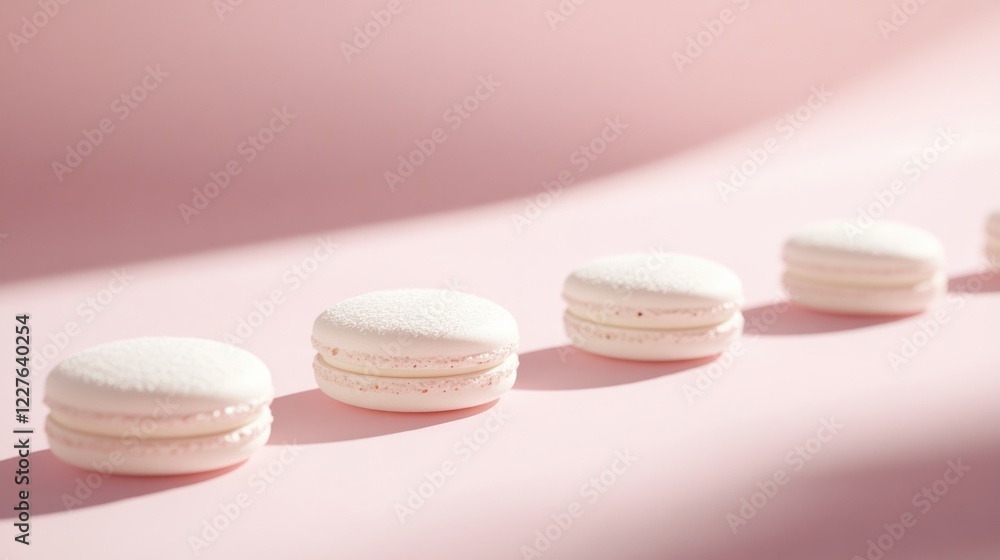 Poster Pastel colored macarons arranged in a line on a soft pink background with ample empty space for text or branding.