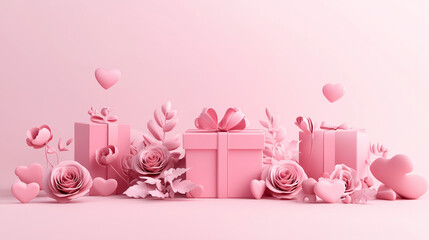 Luxurious 3D Valentine's Day Background with Pink Gift, Satin Ribbon, and Copy Space – Perfect for Love-Themed Designs