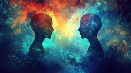 Interpersonal Skills and Communication Symbolizing Self Reliance and Harmony in Life Through Abstract Silhouettes and Cosmic Background