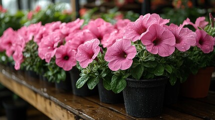 Obraz premium A row of potted pink petunia flowers on a wooden shelf with water droplets on the petals
