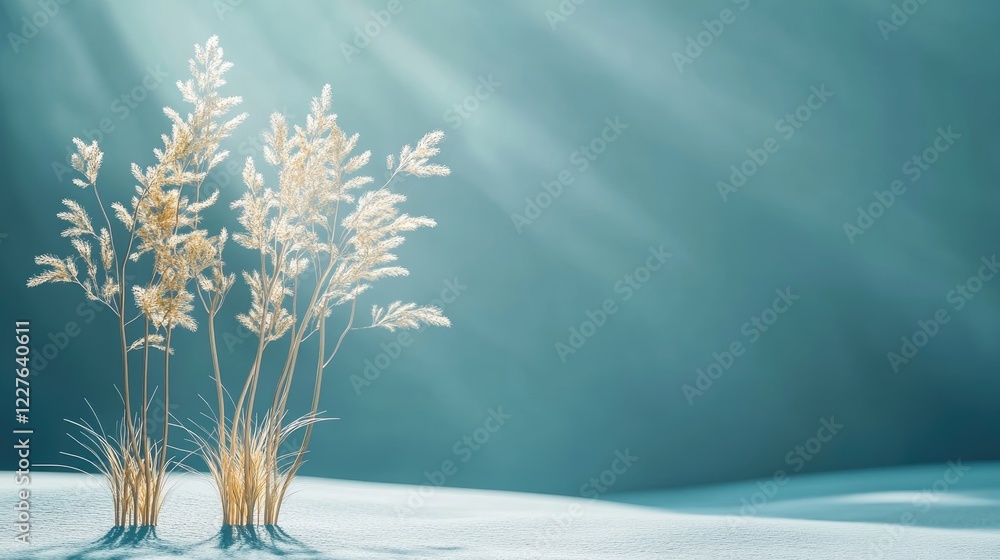 Poster wheat grass in serene landscape with soft blue tones offering ample copyspace for text and design cu