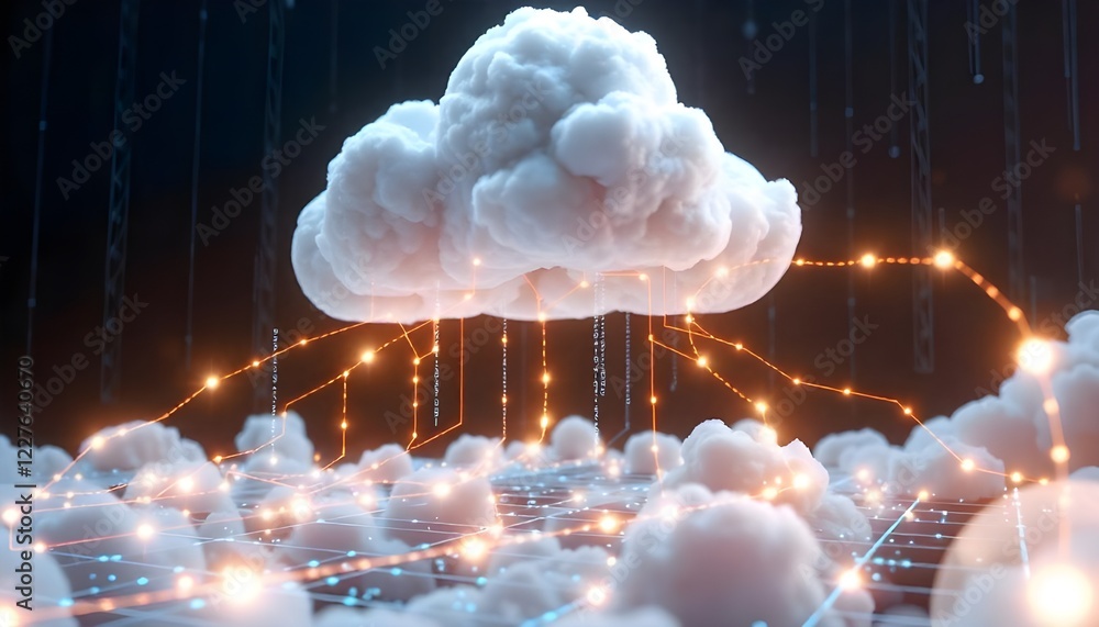 Poster Cloud computing concept with data streams transferring large amounts of information across the internet, representing futuristic digital technology and seamless connectivity