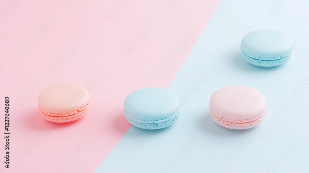 Poster colorful macarons arranged on a soft pastel background with ample negative space for creative design