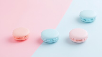 Fototapeta premium Colorful macarons arranged on a soft pastel background with ample negative space for creative design applications.