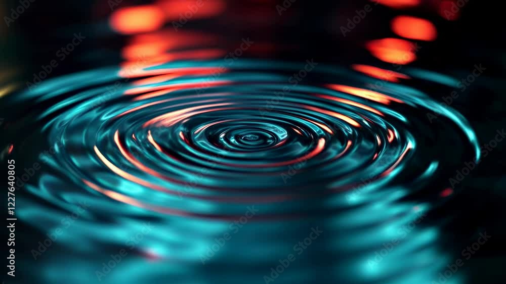 Poster teal and orange concentric ripples expand on a dark water surface. abstract macro close up shot with