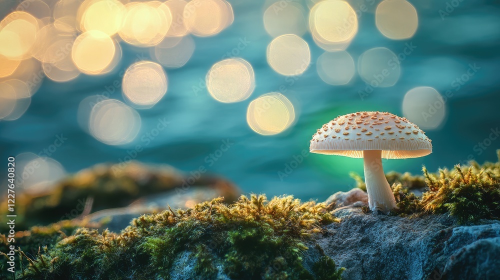 Aufkleber macro photography of a mushroom on moss with bokeh ocean background and magical green light creating