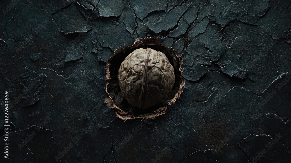 Poster macro shot of a walnut in shell on dark textured background highlighting its natural texture and det
