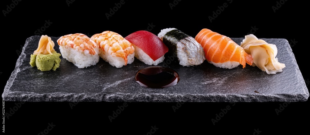 Poster elegant sushi platter featuring assorted nigiri, sashimi, and a hand roll on a slate plate with soy 