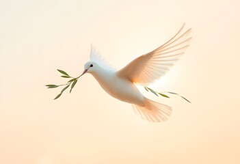 Obraz premium White Dove Peace Symbol Flying with Olive Branch