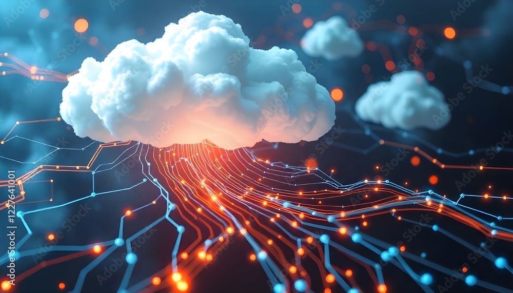 Poster Cloud computing concept with data streams transferring large amounts of information across the internet, representing futuristic digital technology and seamless connectivity