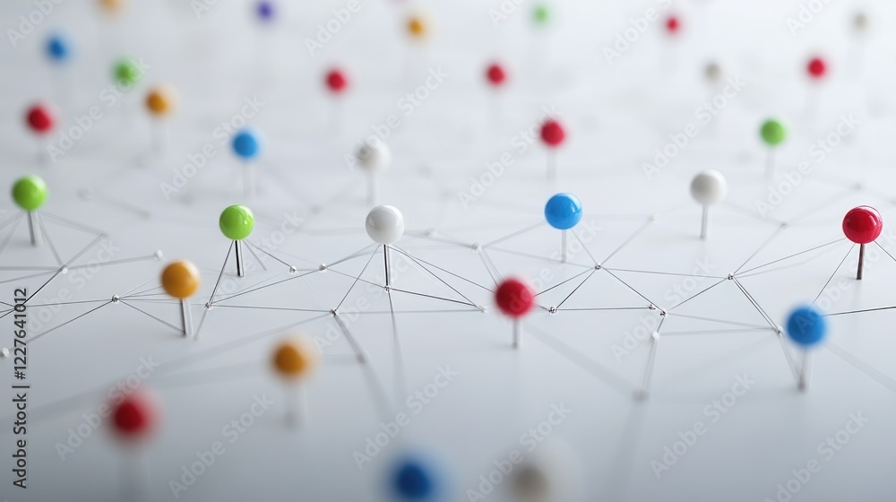 Poster network of colorful pins on a white background representing data security, privacy, and internet pro