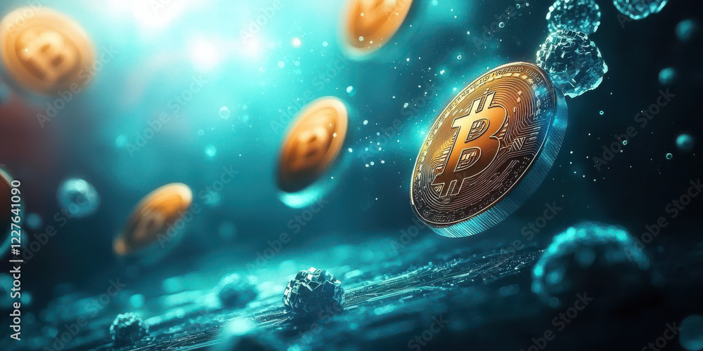 Poster cryptocurrency coins floating in digital space with blockchain elements
