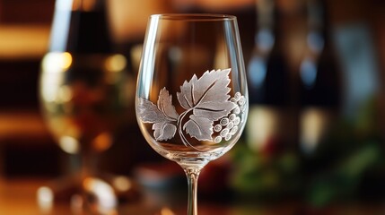 Laser Engraving Artistry on Elegant Glassware Featuring Intricate Leaf and Grape Designs