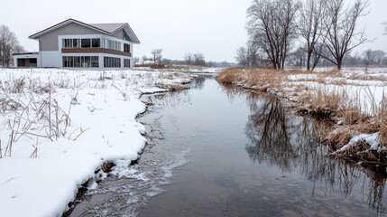 Modern house by snowy river, winter landscape, tranquil scene, real estate