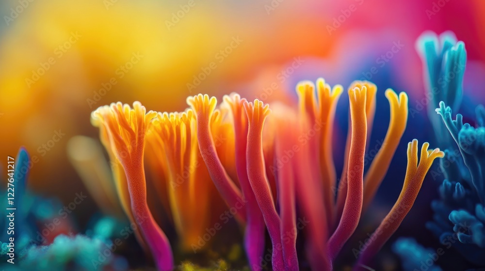 Poster vibrant macro shot of colorful mycorrhizal fungi displaying intricate structures and vivid hues in a