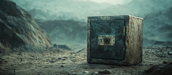 Desolate World War II themed safe in a barren landscape with ample empty space for text or additional design elements