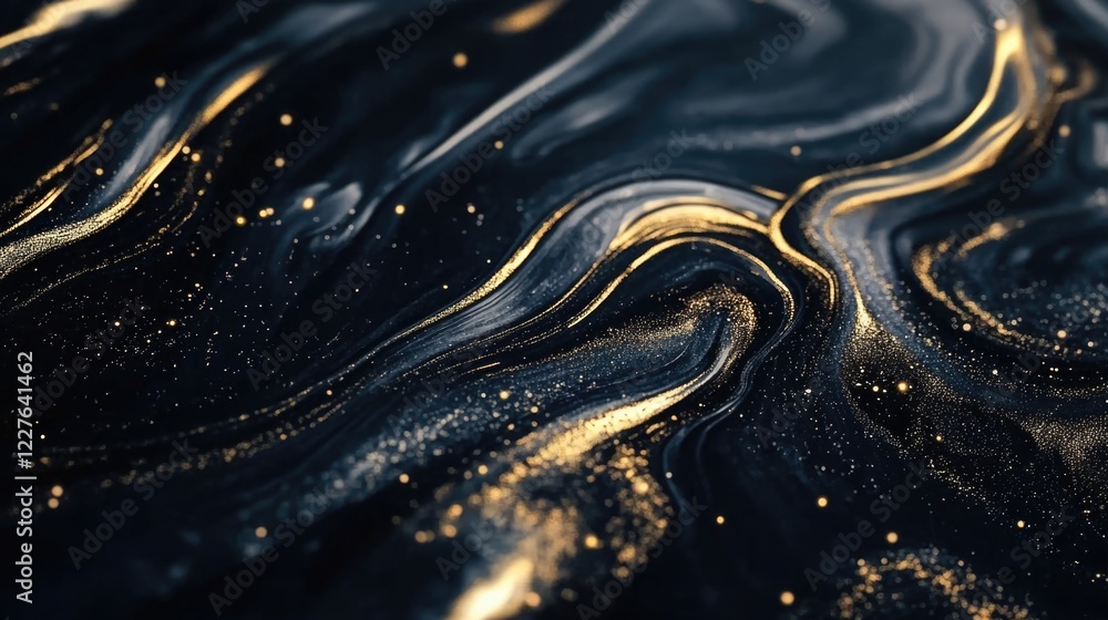 Poster elegant black and gold abstract texture with glossy swirls and shimmering particles for sophisticate
