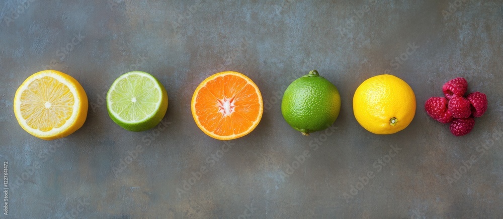 Poster vibrant fresh fruit assortment on stone table with copy space for text including lemon lime orange a