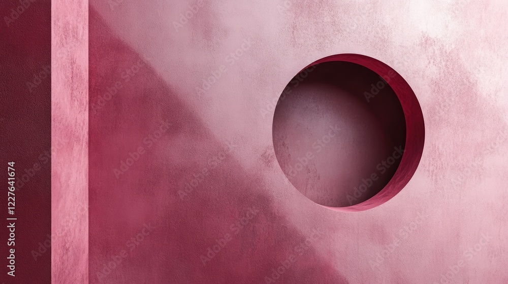 Poster modern minimalist design featuring a circular aperture surrounded by rich berry triband layers creat