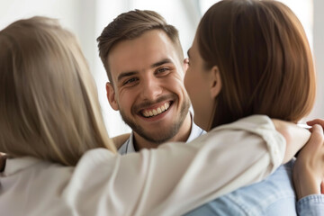 Fototapeta premium A man being affectionately kissed on the cheeks by two people A man being affectionately kissed on the cheeks by two people