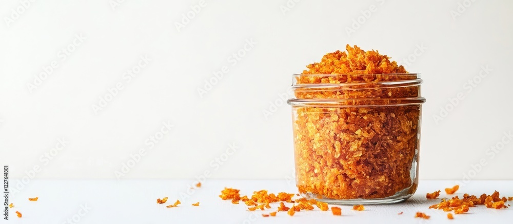 Poster glass jar filled with dried shrimp paste on a white background with ample empty space for text or gr