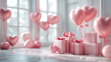 Elegant Valentine's Day Setting: Pink Gifts and Balloons by a Bright Window - Copy Space