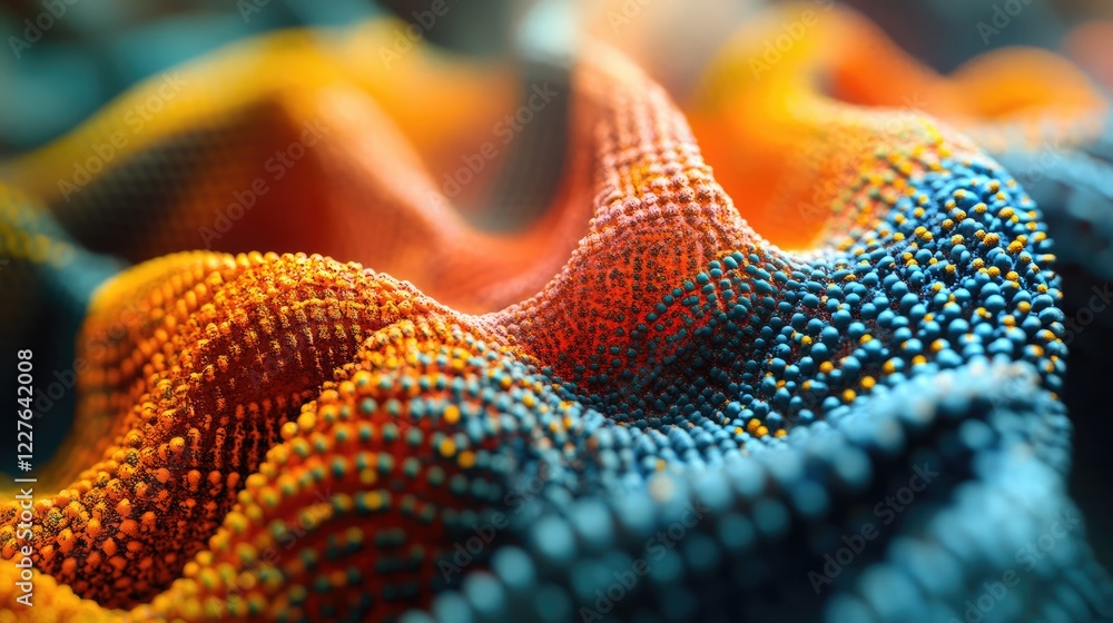 Poster texture close-up of vibrant molecular fabric with rich colors and intricate patterns in soft lightin