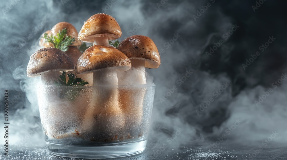 Aufkleber macro shot of fresh mushrooms in a glass bowl with a misty background creating an atmospheric and in