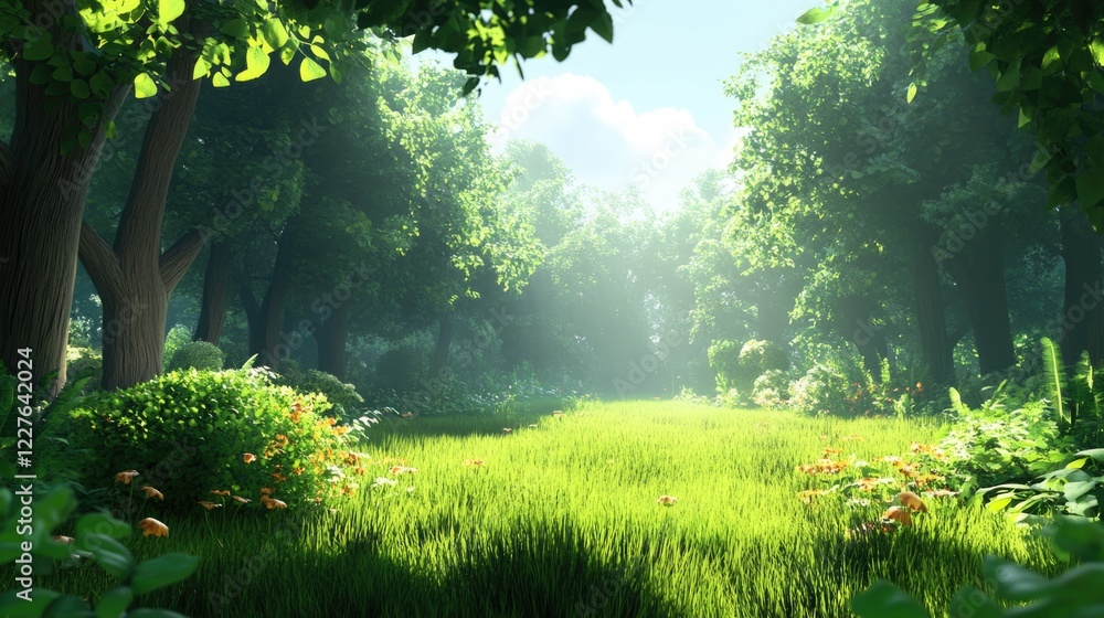 Poster serene lush green forest with sunlight filtering through trees creating a tranquil natural environme