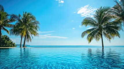 Serene infinity pool under a clear blue sky with palm trees overlooking the ocean on a sunny day
