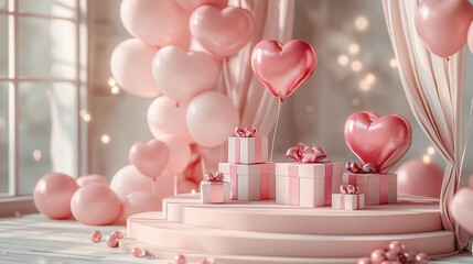 Romantic Valentine's Day Scene with Heart Balloons and Wrapped Presents - Perfect for Banners, podium