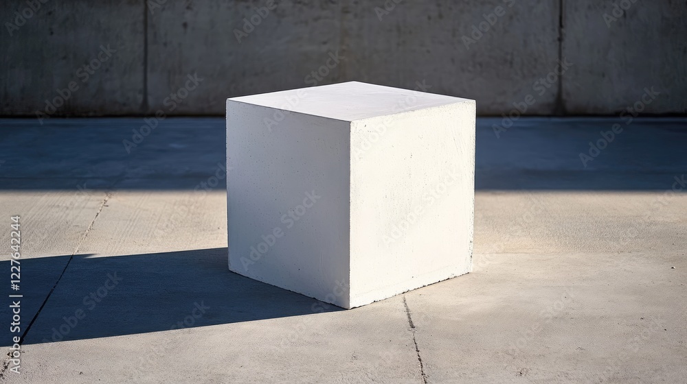 Aufkleber minimalist large white cube casting shadows on a concrete slab in an outdoor setting highlighting ge