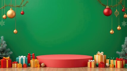 Green background Christmas podium stand with colorful gifts and ornaments, green backdrop, holiday display