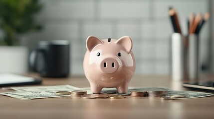A piggy bank surrounded by coins and dollar bills on a desk, symbolizing savings and financial responsibility
