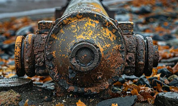 Close-up of a weathered fire hydrant on a rocky shoreline surrounded by autumn leaves