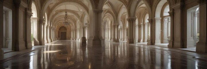 Obraz premium Grandiose palace hallway with flooded floors and elegant arched ceilings, water, hallway, historical