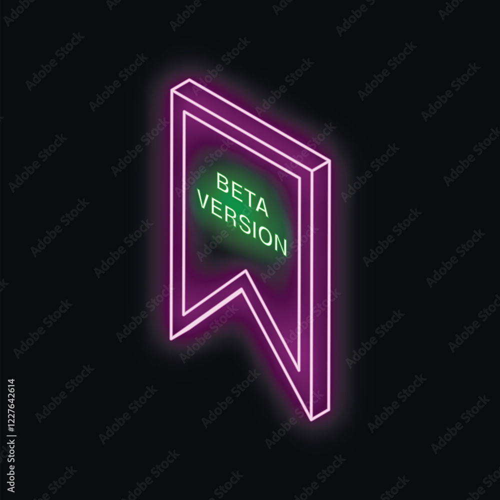 Poster neon isometric beta version sign glowing on black background, representing software testing and deve
