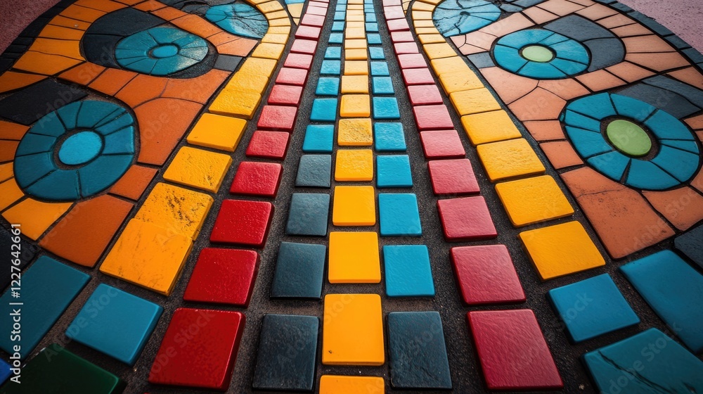 Poster multicolored mosaic pattern creating a vibrant and artistic pathway with geometric designs and playf