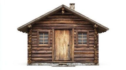Rustic Log Cabin with Wooden Door and Windows