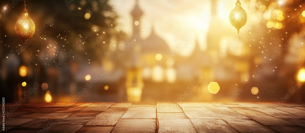Poster islamic mural artwork with a bokeh background and ample empty space for text overlay in a warm, fest