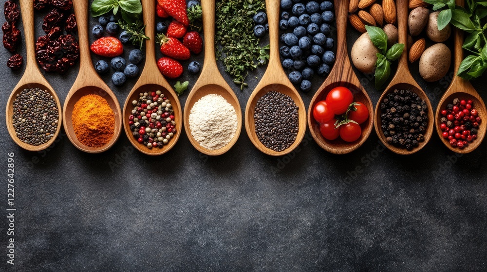 Poster assorted healthy foods and spices arranged in wooden spoons on a dark surface with empty space for t