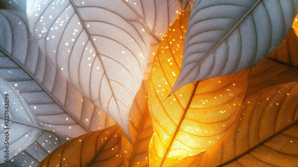 Poster macro view of autumn leaves in warm hues illuminated by sunset creating a beautiful interplay of lig
