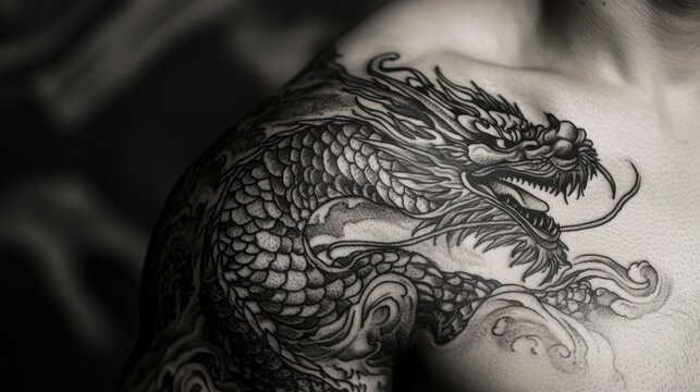 Detailed dragon tattoo design showcasing bold lines and dark aesthetic elements on the shoulder and upper chest area.