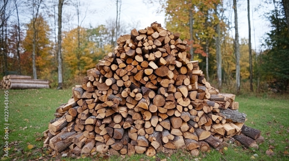 Poster stack of neatly arranged firewood logs in an autumn forest setting with colorful foliage in the back