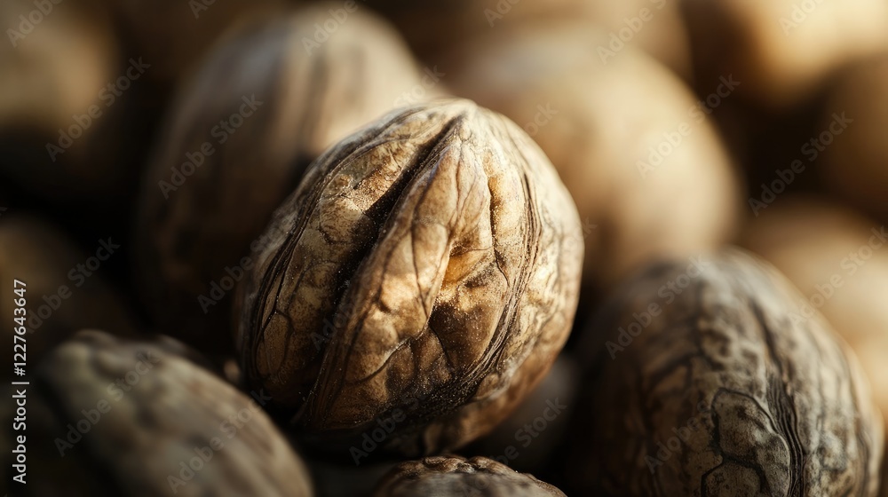 Poster macro shot of pecan nuts highlighting textures with selective focus in a warm, natural background se
