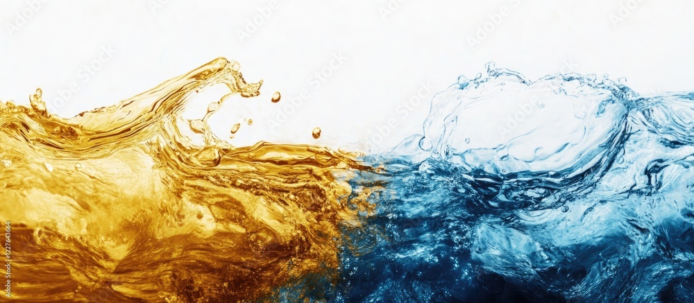 Poster golden and blue fluid waves with clean water background creating an artistic space for text in adver