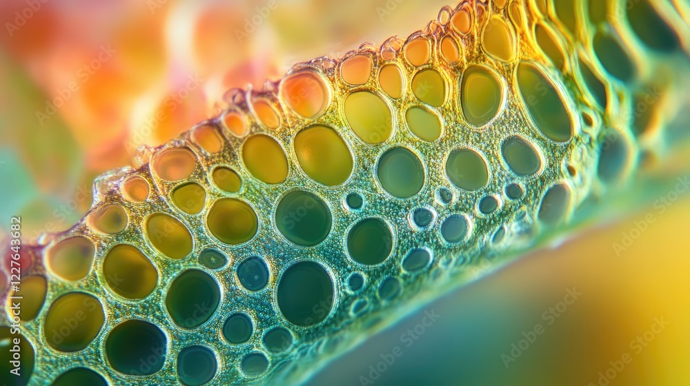 Poster macro shot of colorful leaf structure under microscope showcasing intricate cellular patterns and te