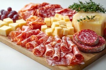 Obraz premium Assorted cured meats and cheeses are beautifully arranged on a wooden platter, complemented by fresh grapes and herbs. Ideal for a gathering or celebration