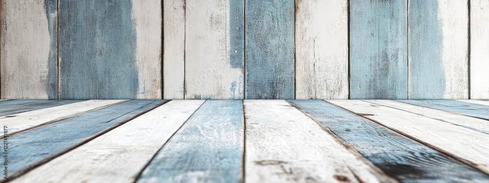 Poster blue and white wooden background with empty table surface for product display or montage ideal for c