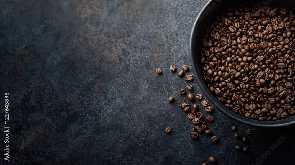 Poster macro shot of unique coffee beans in bowl on dark surface with ample space for text or branding